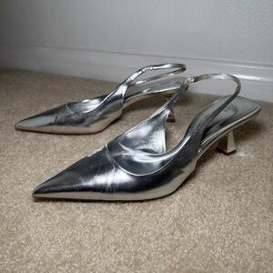 Zara Metallic Silver Pointed Toe Slingback Heels